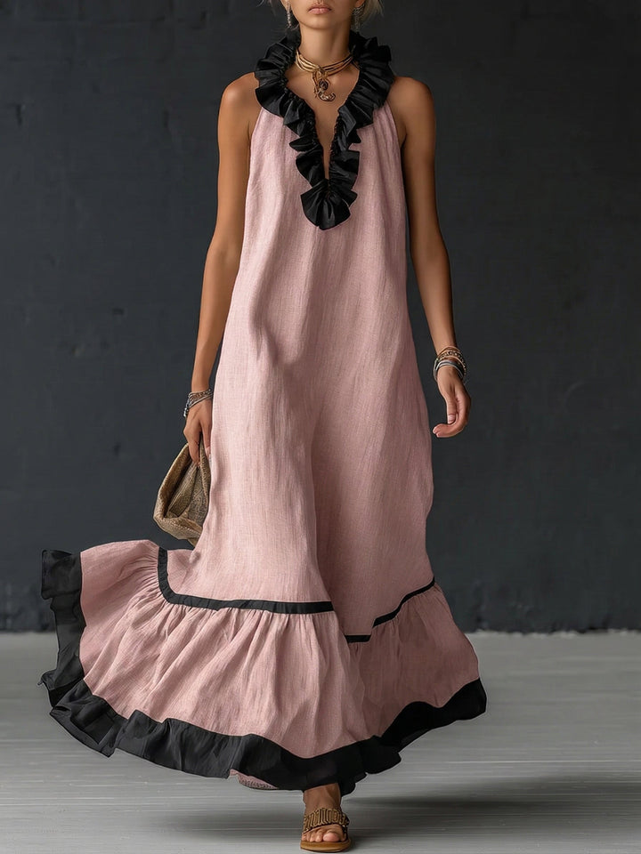 Damen ärmelloses Maxikleid mit Taschen und Rüschensaum