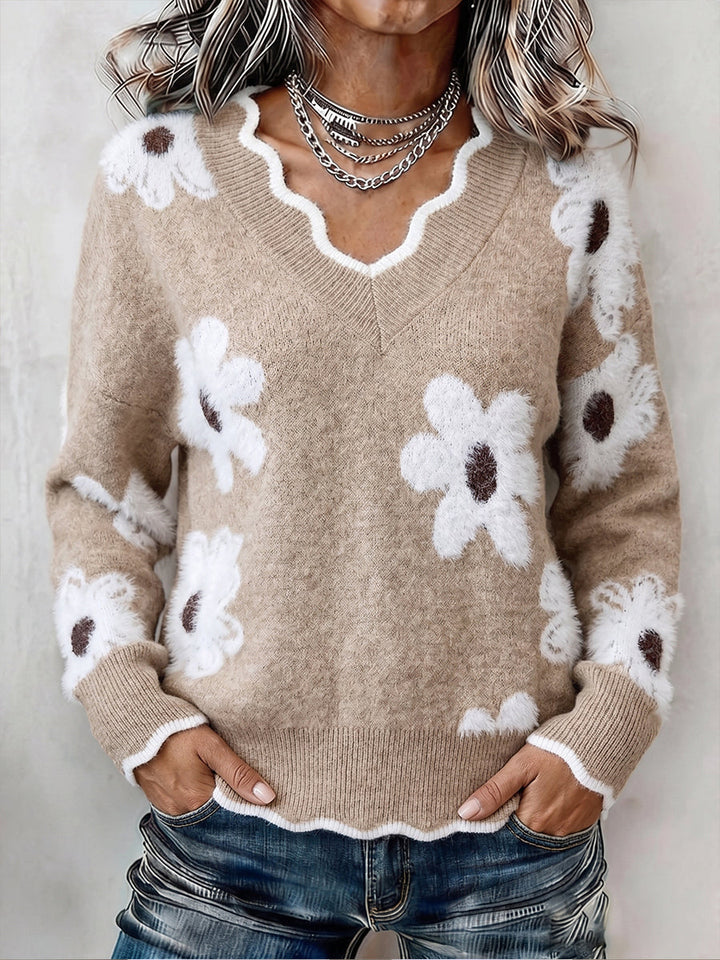 Greta | Damen Pullover mit V-Ausschnitt und Blumenmuster