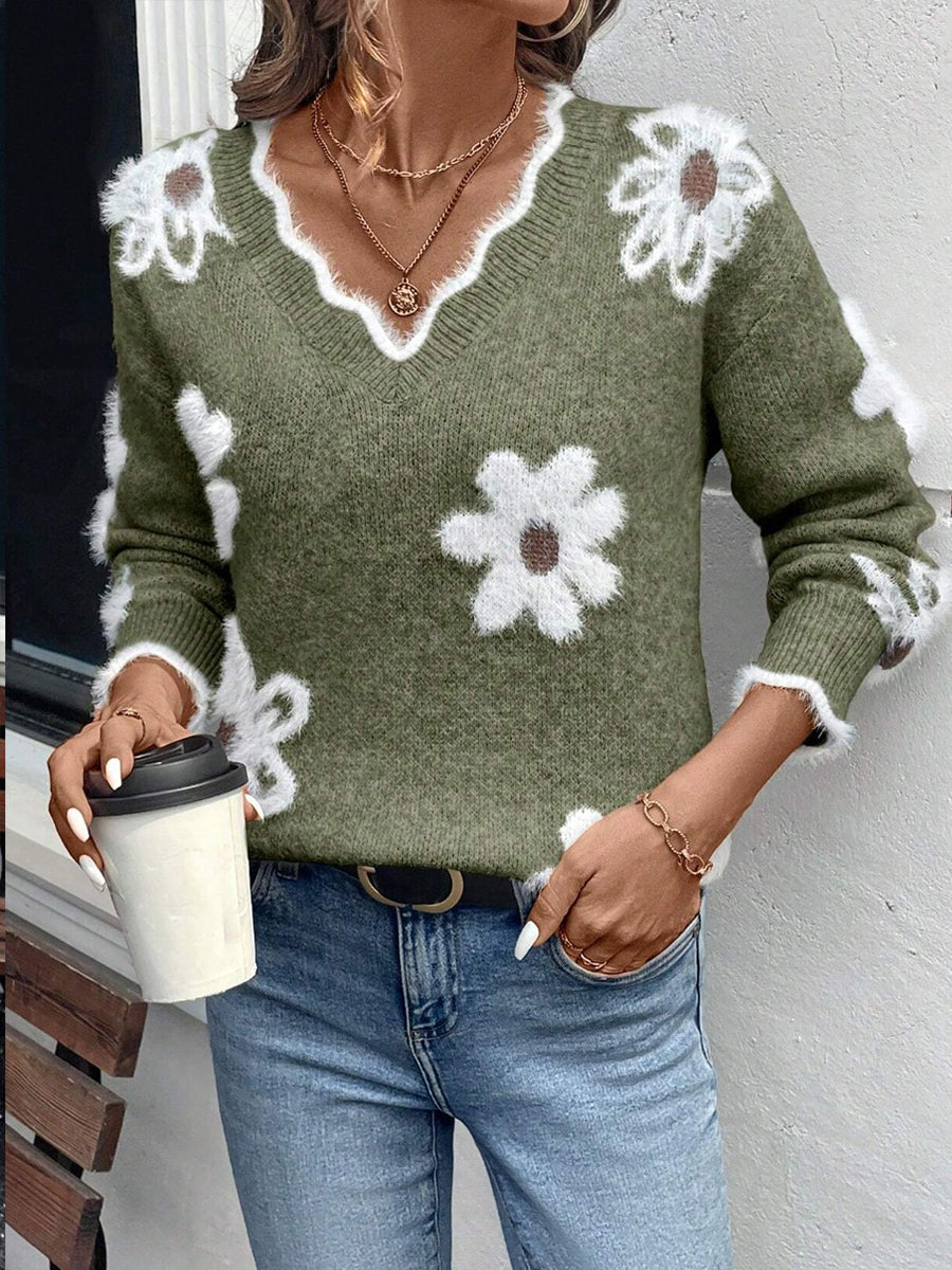 Greta | Damen Pullover mit V-Ausschnitt und Blumenmuster