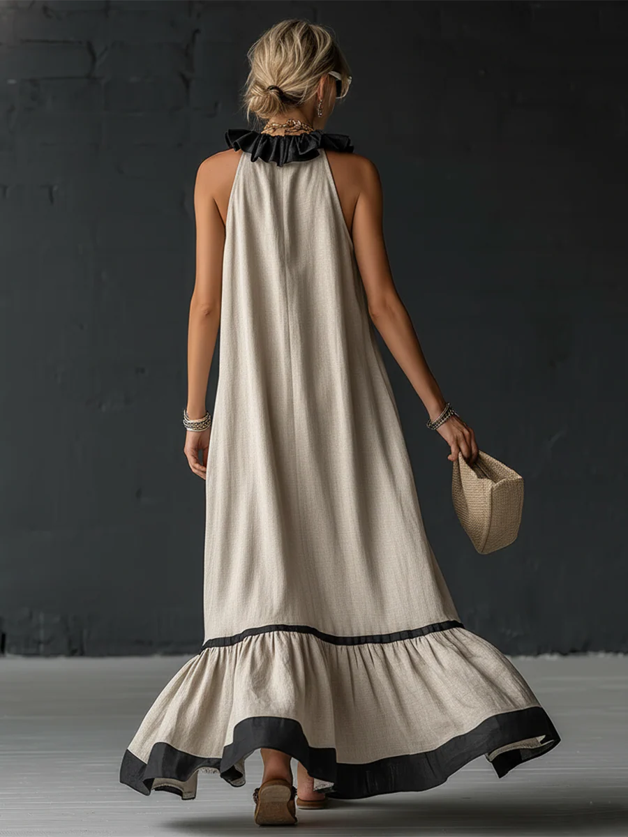 Damen ärmelloses Maxikleid mit Taschen und Rüschensaum