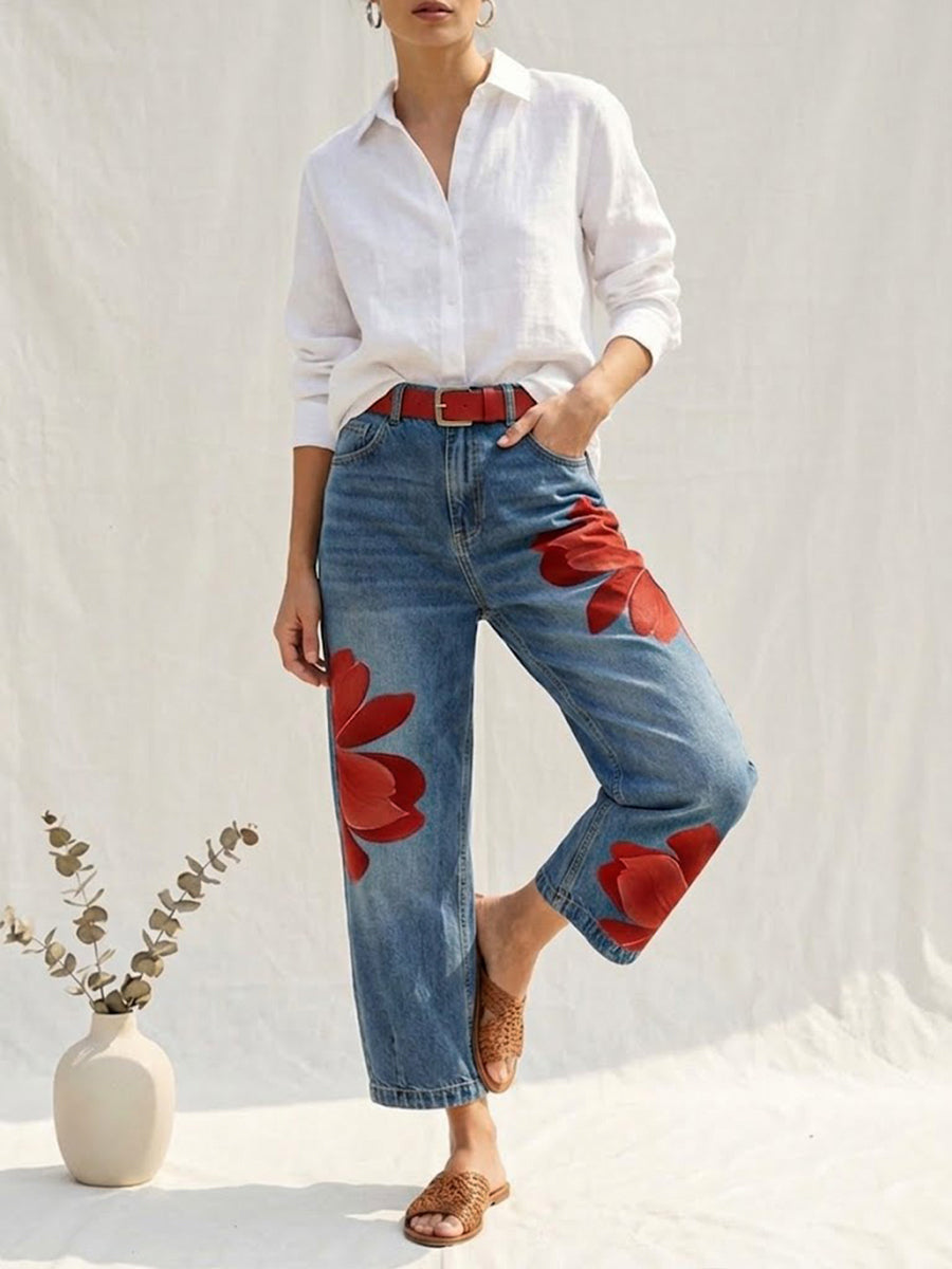 Sophia | Elegante Blumenhose für Damen mit weiter Passform und mittlerem Bund
