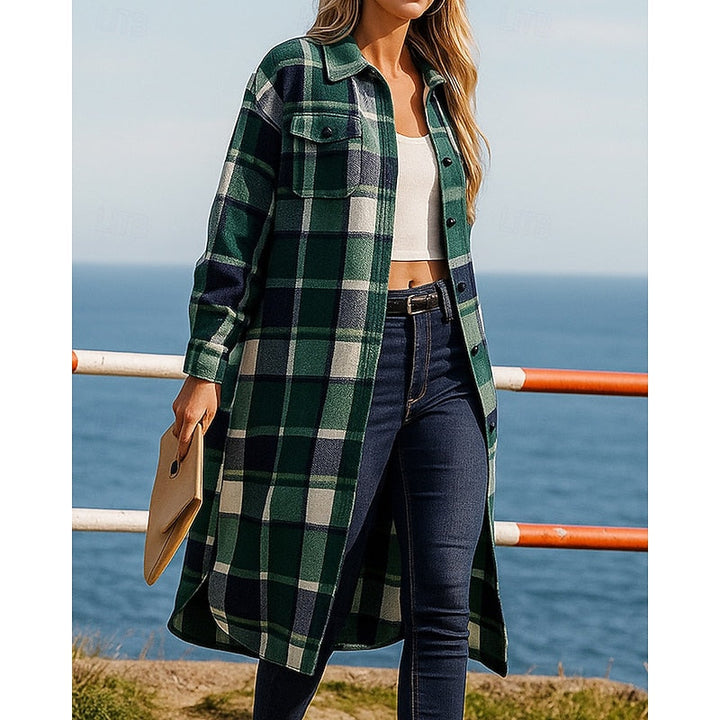 Damen Karo-Mantel im Longline-Schnitt mit Knöpfen und Taschen