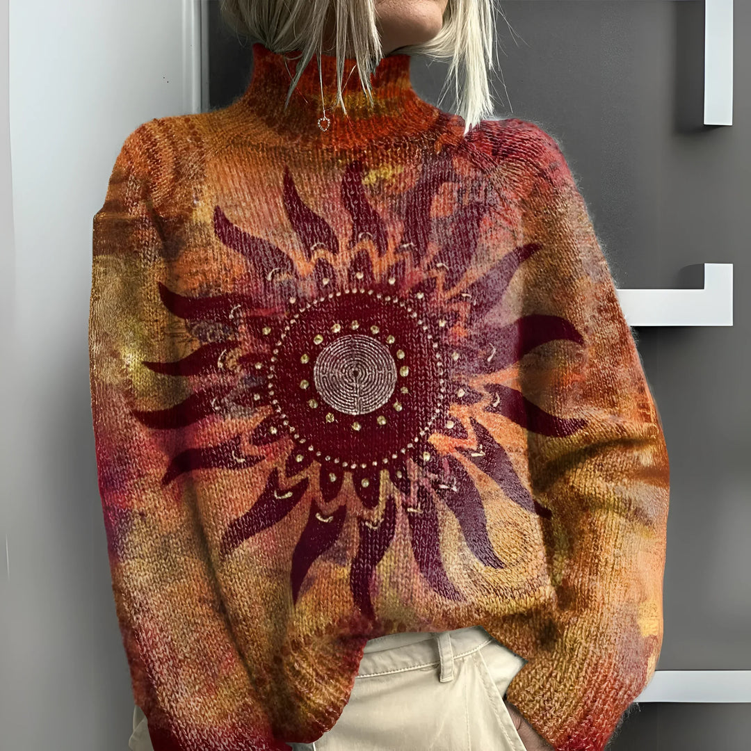 Eline | Warmer Strickrollkragenpullover für Damen mit tribal Sonnenmotiv