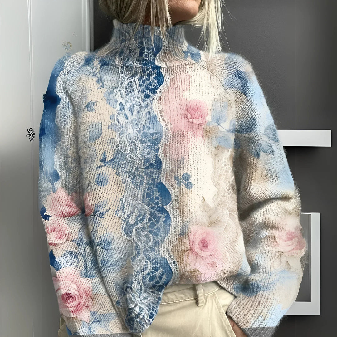 Lieke | Warme gestrickte Coltrui für Damen mit Blumenmuster und Rollkragen