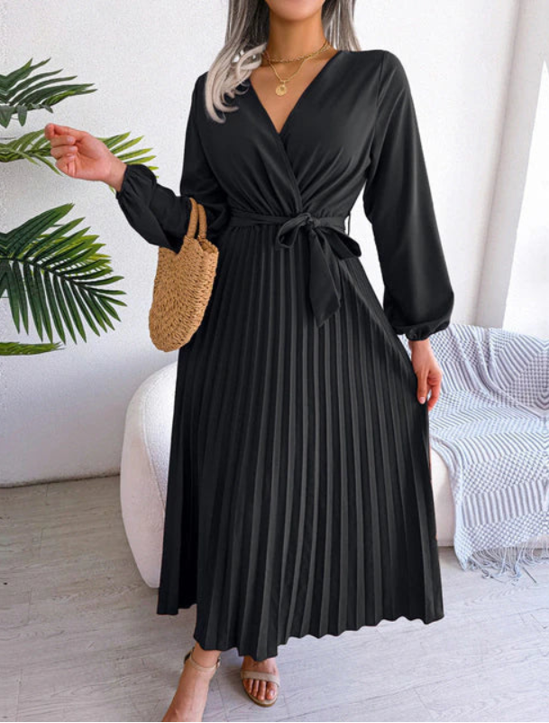 Naomi | Plissee Midikleid Festlich für Damen mit V-Ausschnitt und langen Ärmeln