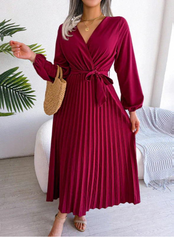 Naomi | Plissee Midikleid Festlich für Damen mit V-Ausschnitt und langen Ärmeln