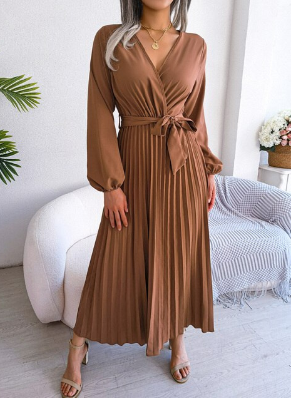 Naomi | Plissee Midikleid Festlich für Damen mit V-Ausschnitt und langen Ärmeln