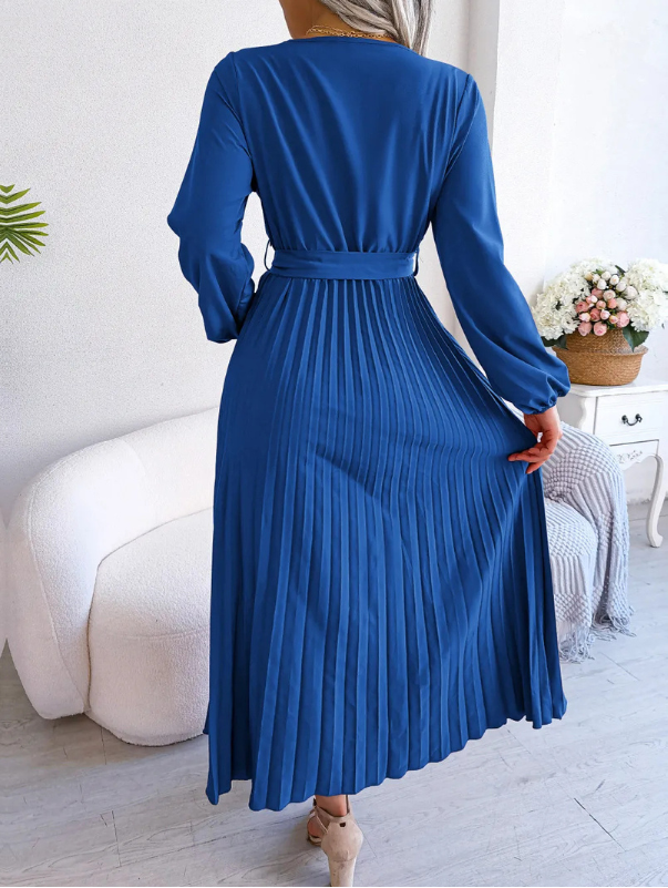Naomi | Plissee Midikleid Festlich für Damen mit V-Ausschnitt und langen Ärmeln