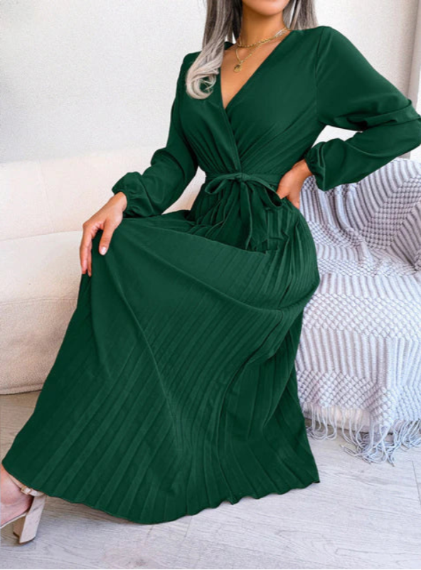 Naomi | Plissee Midikleid Festlich für Damen mit V-Ausschnitt und langen Ärmeln