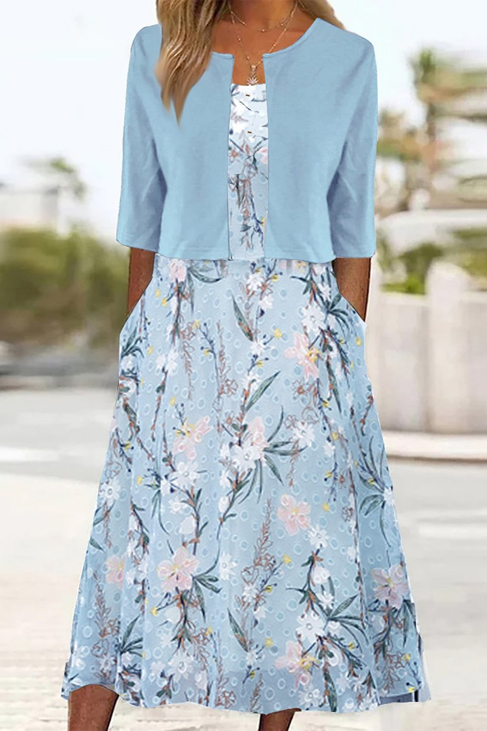 Elise | Blumen Zweiteiliges Midi-Kleid für Damen mit Rundhalsausschnitt