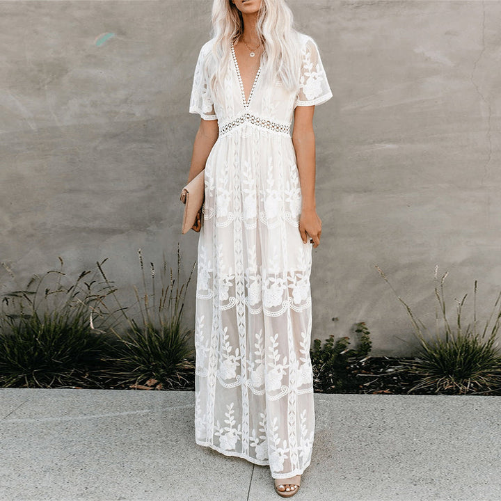 Amélie | Elegantes Boho-Maxikleid für Damen mit V-Ausschnitt und kurzen Ärmeln