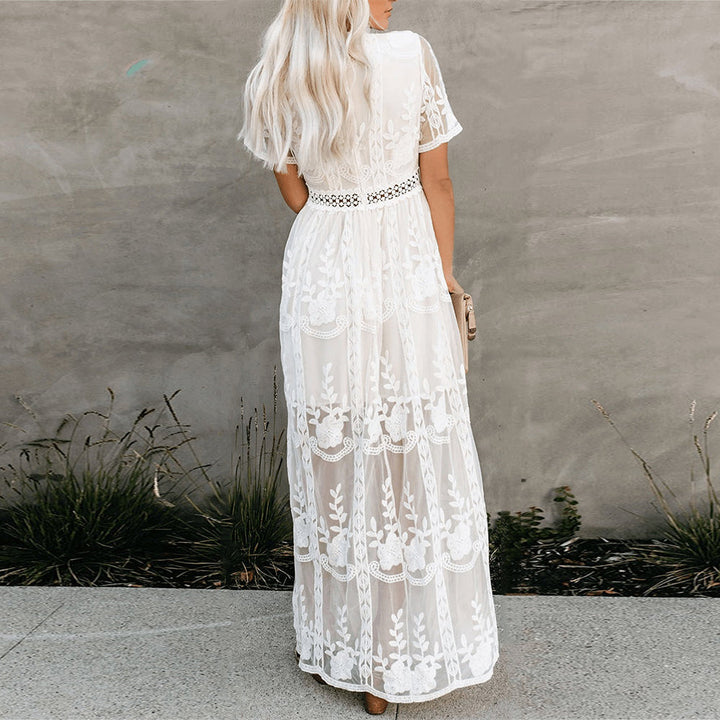 Amélie | Elegantes Boho-Maxikleid für Damen mit V-Ausschnitt und kurzen Ärmeln