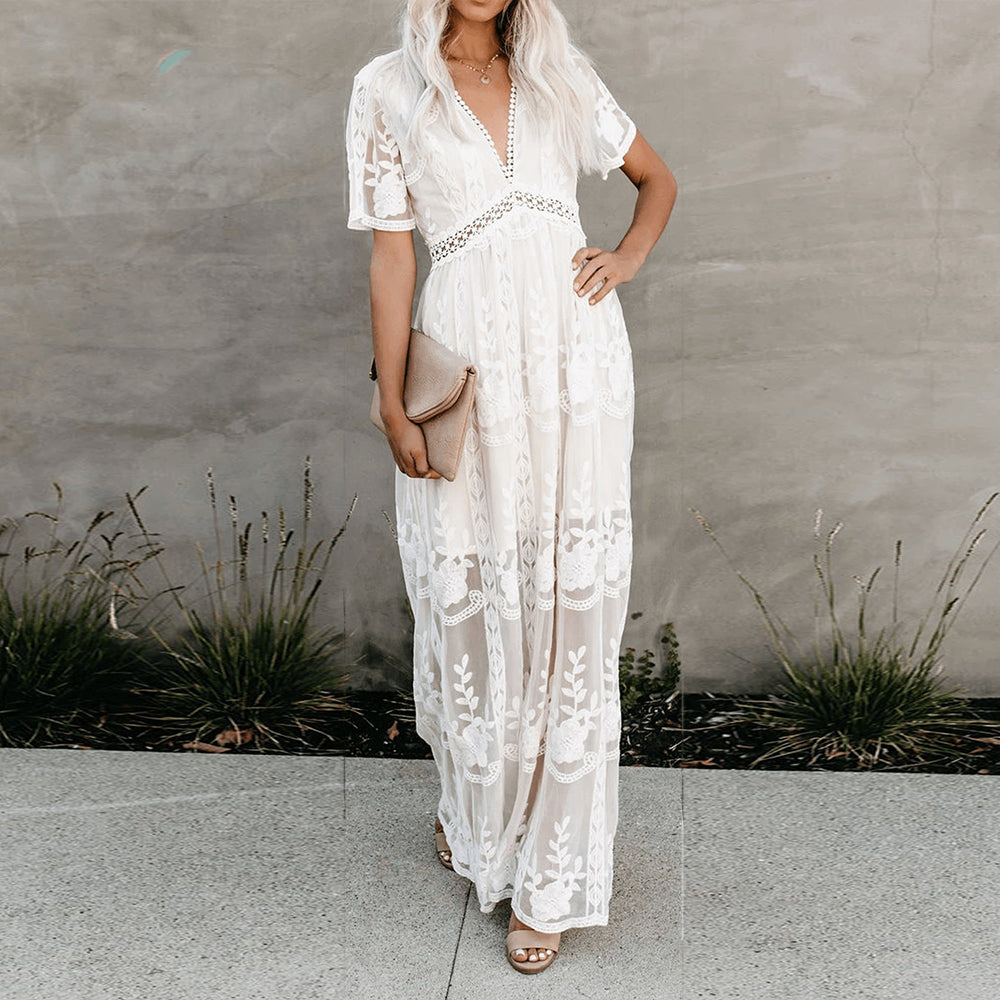 Amélie | Elegantes Boho-Maxikleid für Damen mit V-Ausschnitt und kurzen Ärmeln
