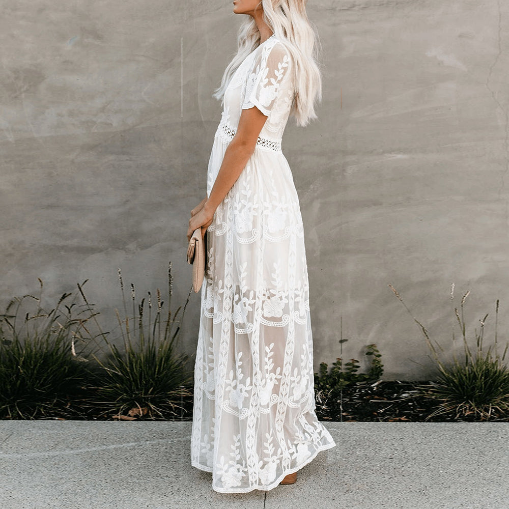 Amélie | Elegantes Boho-Maxikleid für Damen mit V-Ausschnitt und kurzen Ärmeln