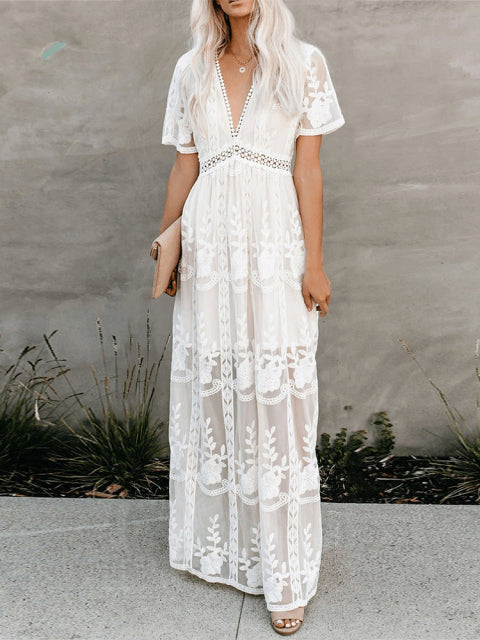 Amélie | Elegantes Boho-Maxikleid für Damen mit V-Ausschnitt und kurzen Ärmeln