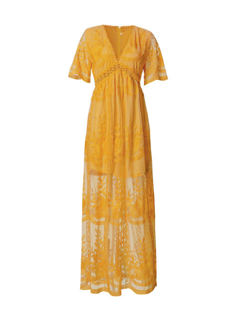Amélie | Elegantes Boho-Maxikleid für Damen mit V-Ausschnitt und kurzen Ärmeln