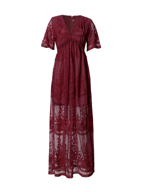 Amélie | Elegantes Boho-Maxikleid für Damen mit V-Ausschnitt und kurzen Ärmeln