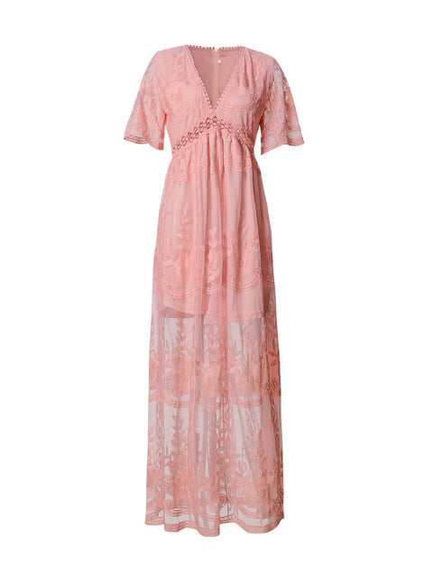 Amélie | Elegantes Boho-Maxikleid für Damen mit V-Ausschnitt und kurzen Ärmeln