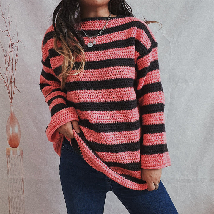 Damen Pullover mit Rundhalsausschnitt und langen Ärmeln, gestreift