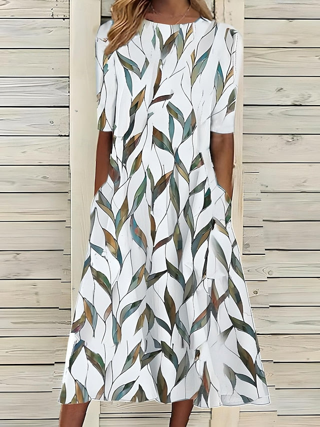 Sela | Küstenblumen Midi Kleid für Damen mit Rundhalsausschnitt und kurzen Ärmeln
