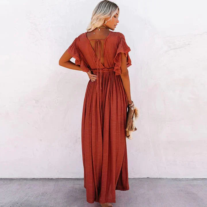 Julie | Rote Lange Strandkleid mit V-Ausschnitt und langen Ärmeln