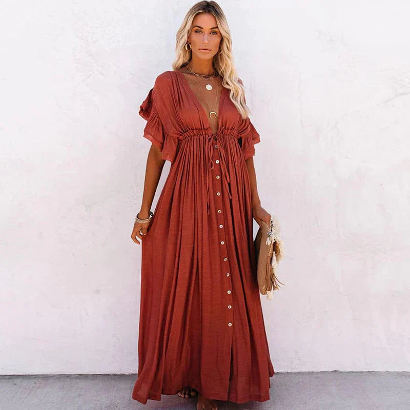 Julie | Rote Lange Strandkleid mit V-Ausschnitt und langen Ärmeln