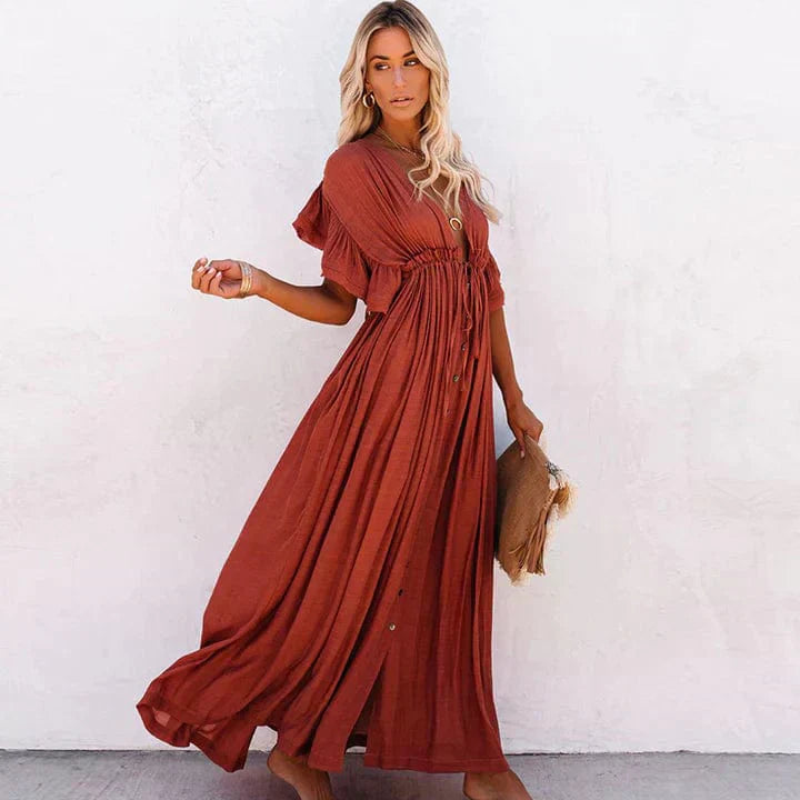 Julie | Rote Lange Strandkleid mit V-Ausschnitt und langen Ärmeln