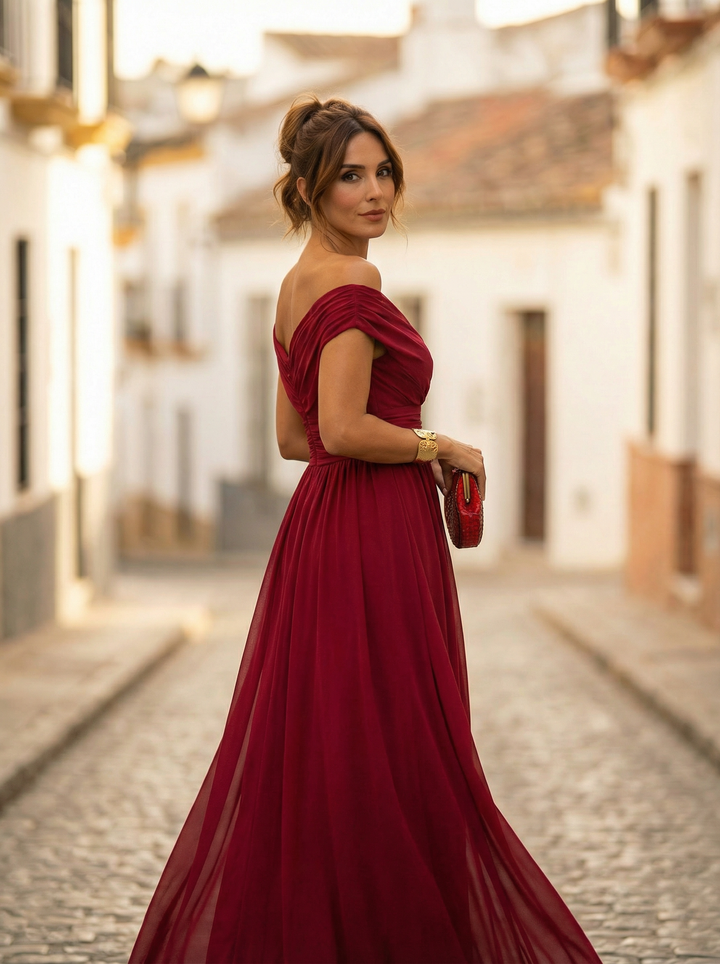 Nele | Damen Maxikleid mit V-Ausschnitt im Off-Shoulder-Stil