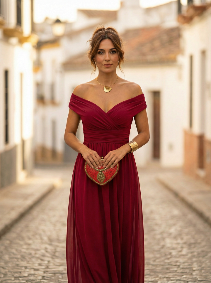 Nele | Damen Maxikleid mit V-Ausschnitt im Off-Shoulder-Stil