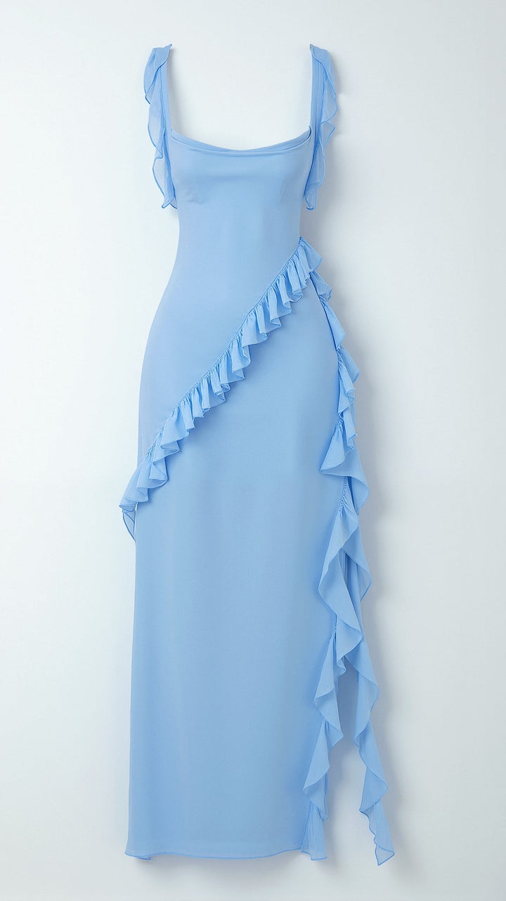 Nina | Damen Maxikleid mit seitlichem Schlitz und Rüschen