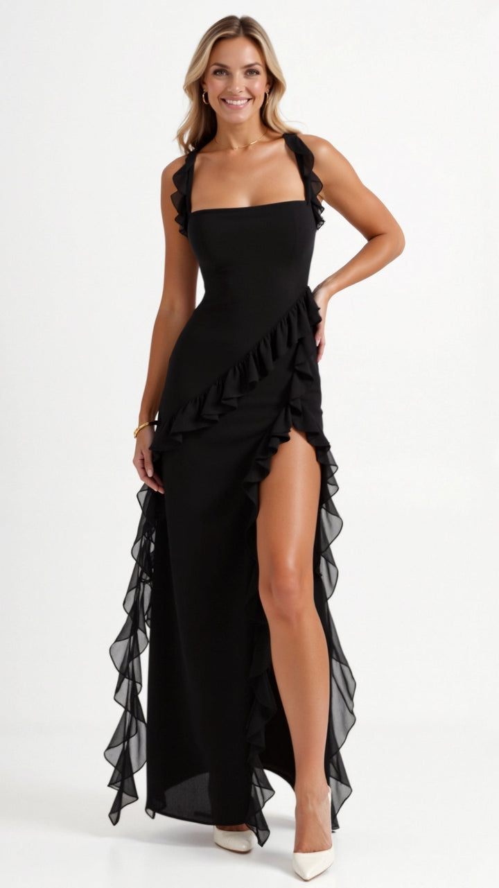 Nina | Damen Maxikleid mit seitlichem Schlitz und Rüschen