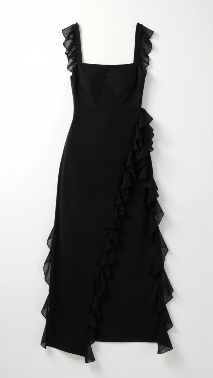 Nina | Damen Maxikleid mit seitlichem Schlitz und Rüschen