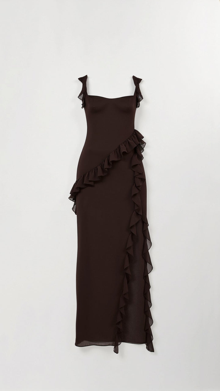 Nina | Damen Maxikleid mit seitlichem Schlitz und Rüschen