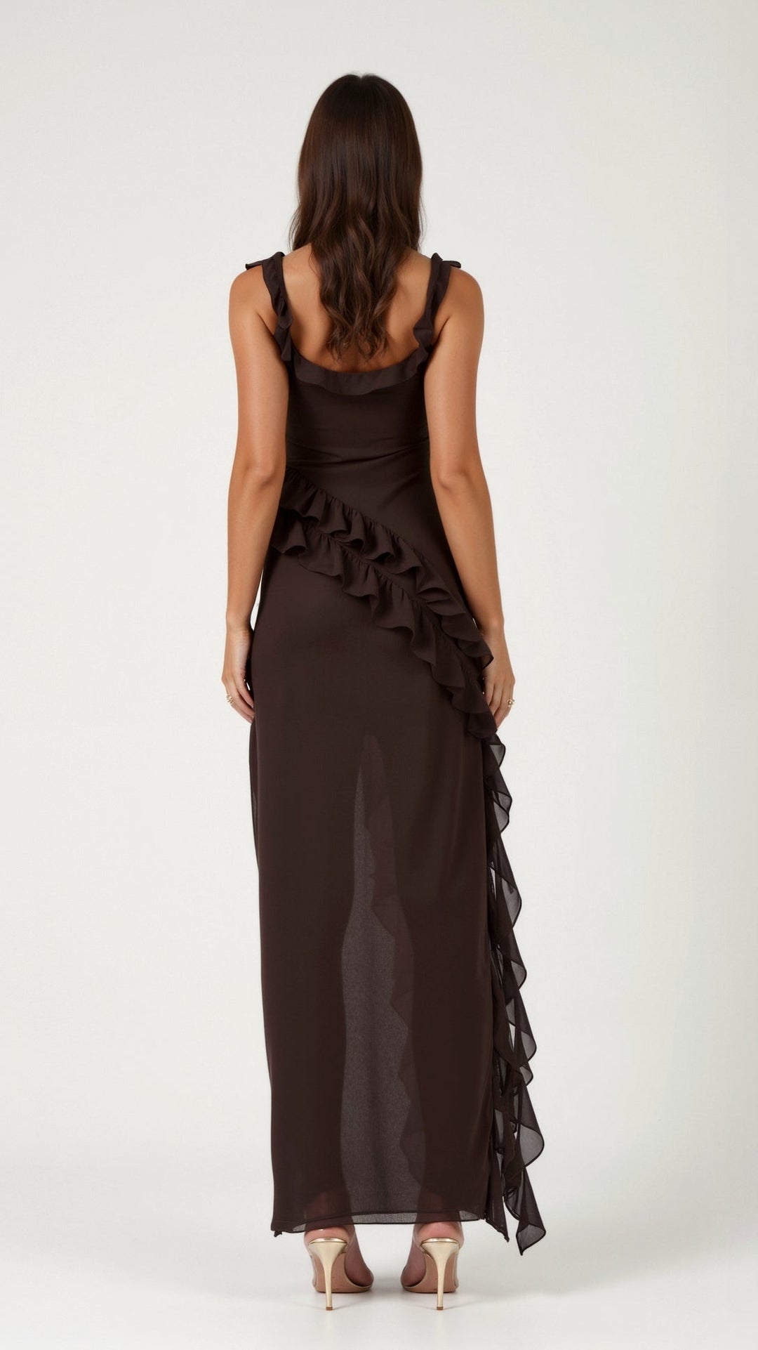 Nina | Damen Maxikleid mit seitlichem Schlitz und Rüschen