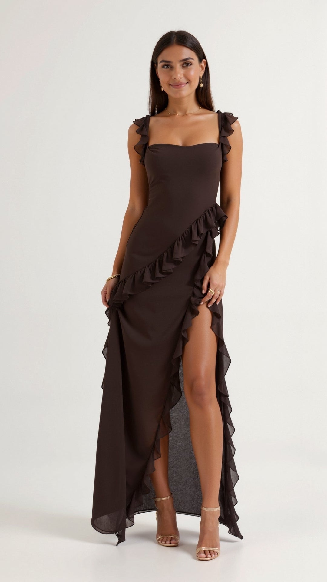 Nina | Damen Maxikleid mit seitlichem Schlitz und Rüschen