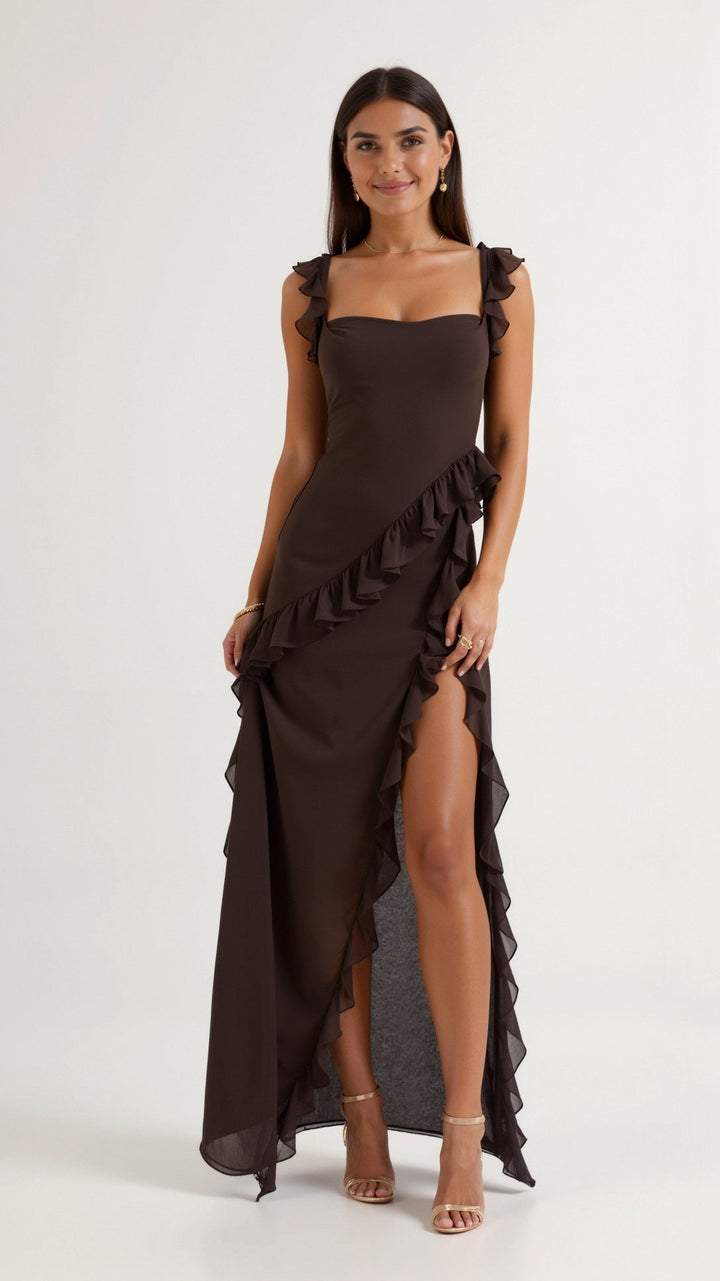 Nina | Damen Maxikleid mit seitlichem Schlitz und Rüschen