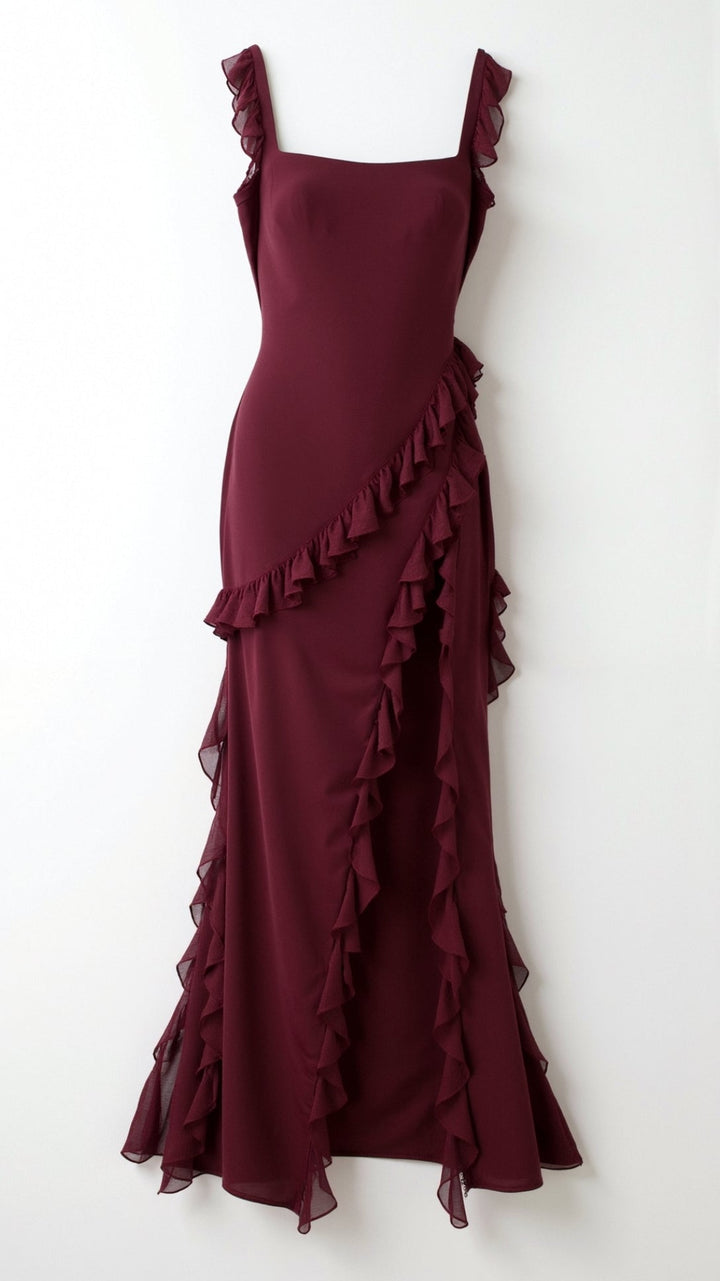 Nina | Damen Maxikleid mit seitlichem Schlitz und Rüschen