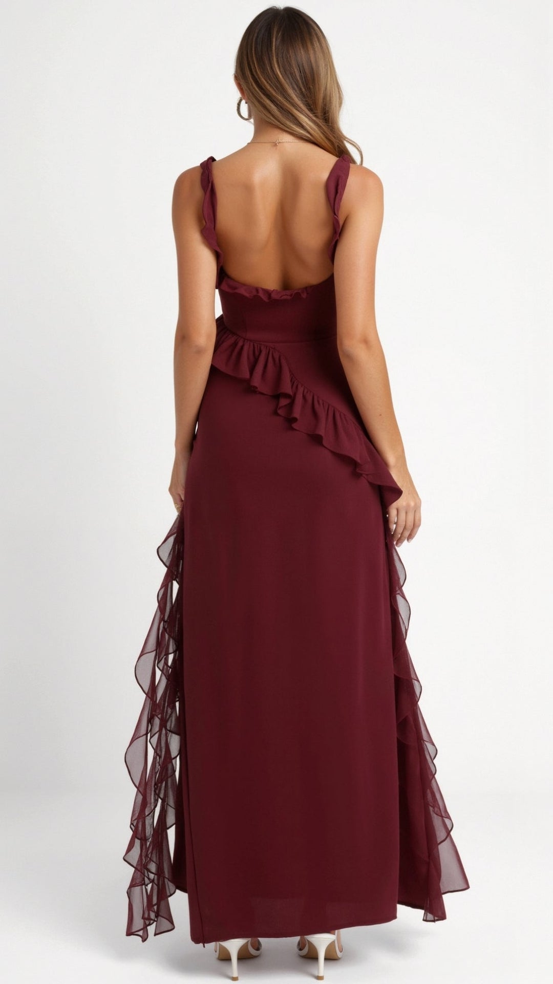 Nina | Damen Maxikleid mit seitlichem Schlitz und Rüschen