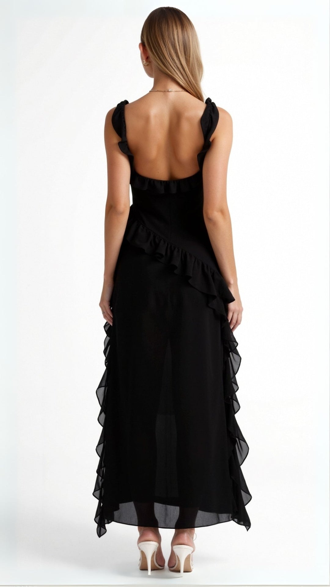 Nina | Damen Maxikleid mit seitlichem Schlitz und Rüschen