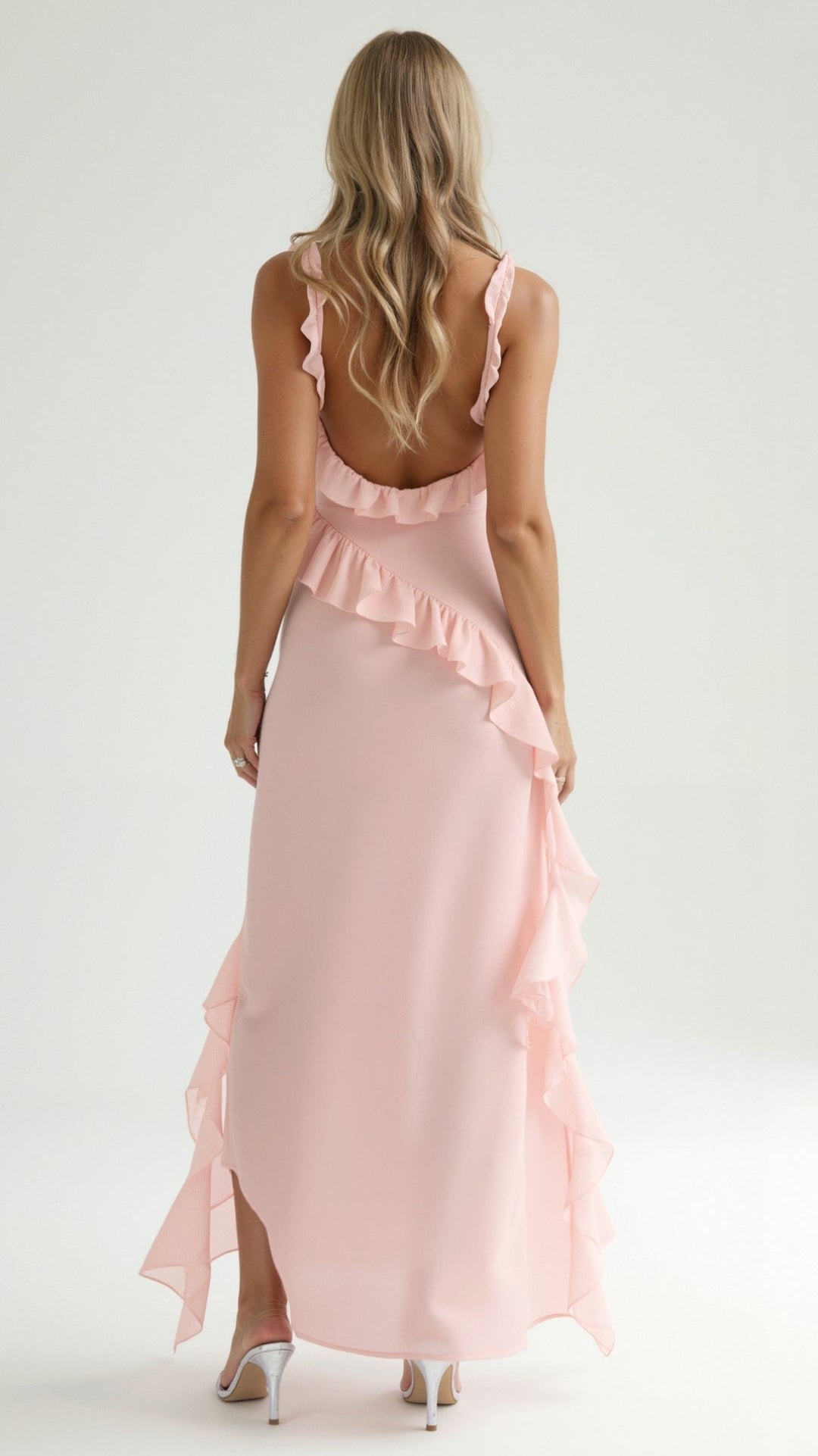 Nina | Damen Maxikleid mit seitlichem Schlitz und Rüschen