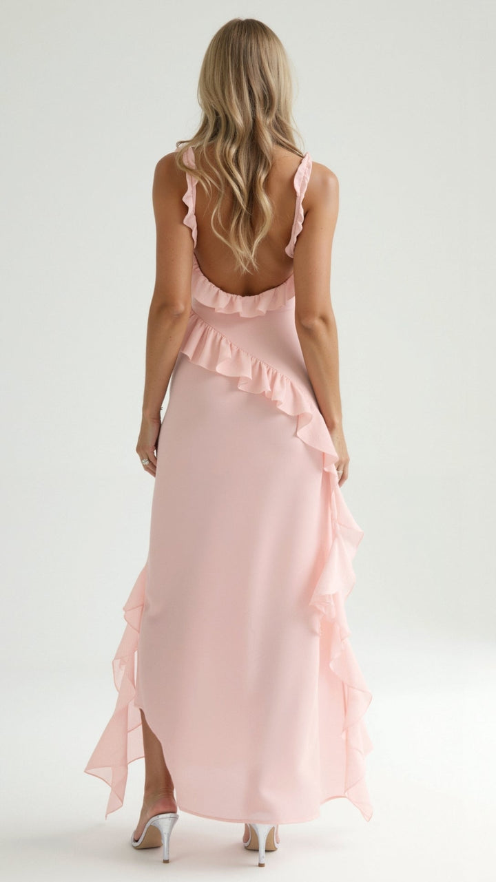 Nina | Damen Maxikleid mit seitlichem Schlitz und Rüschen