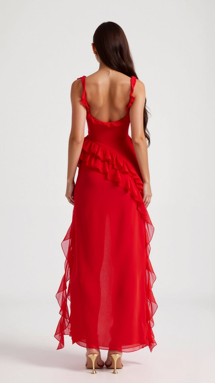Nina | Damen Maxikleid mit seitlichem Schlitz und Rüschen