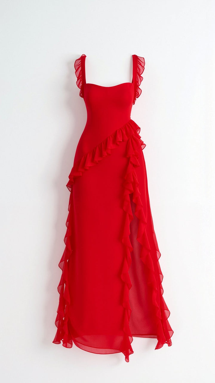 Nina | Damen Maxikleid mit seitlichem Schlitz und Rüschen