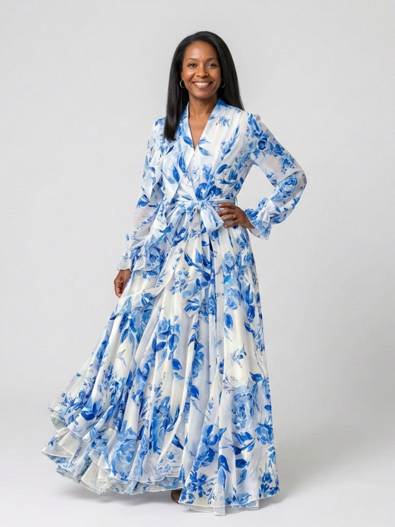 Lillian | Floral Langärmliges Wickel-Maxi-Kleid für Damen