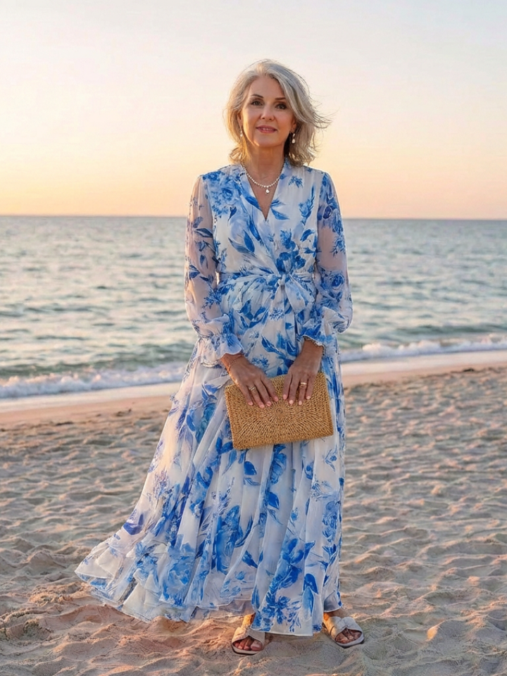 Lillian | Floral Langärmliges Wickel-Maxi-Kleid für Damen