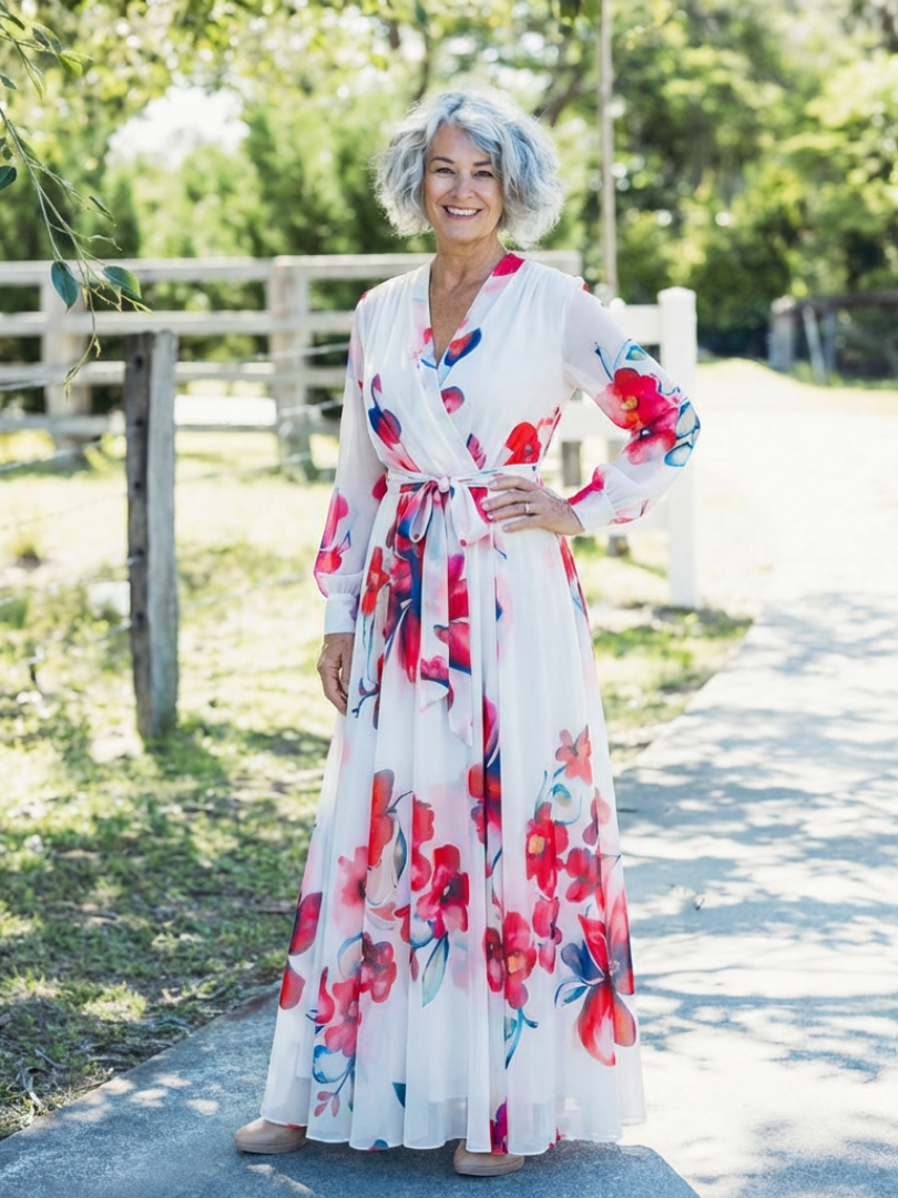 Lillian | Floral Langärmliges Wickel-Maxi-Kleid für Damen