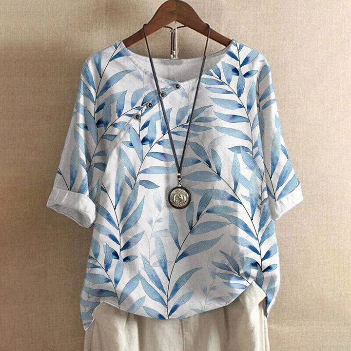 Claudine | Bluse für Damen mit Blattdruck und Knopfdetails