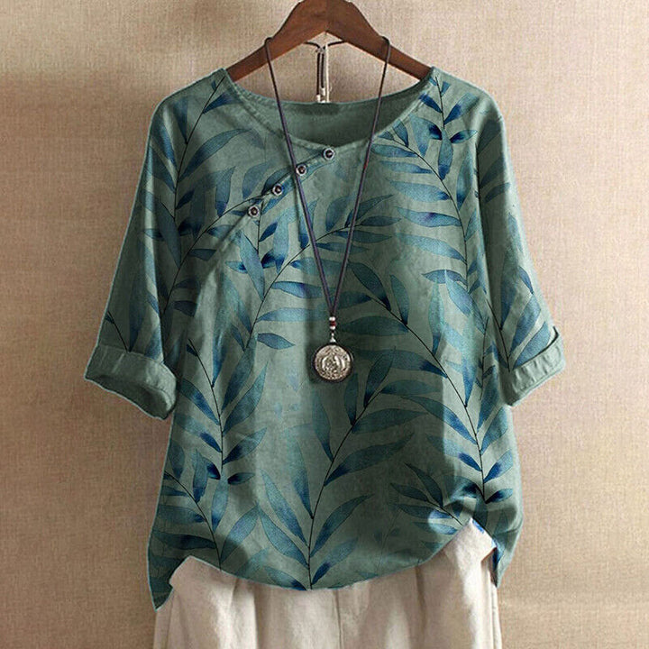 Claudine | Bluse für Damen mit Blattdruck und Knopfdetails