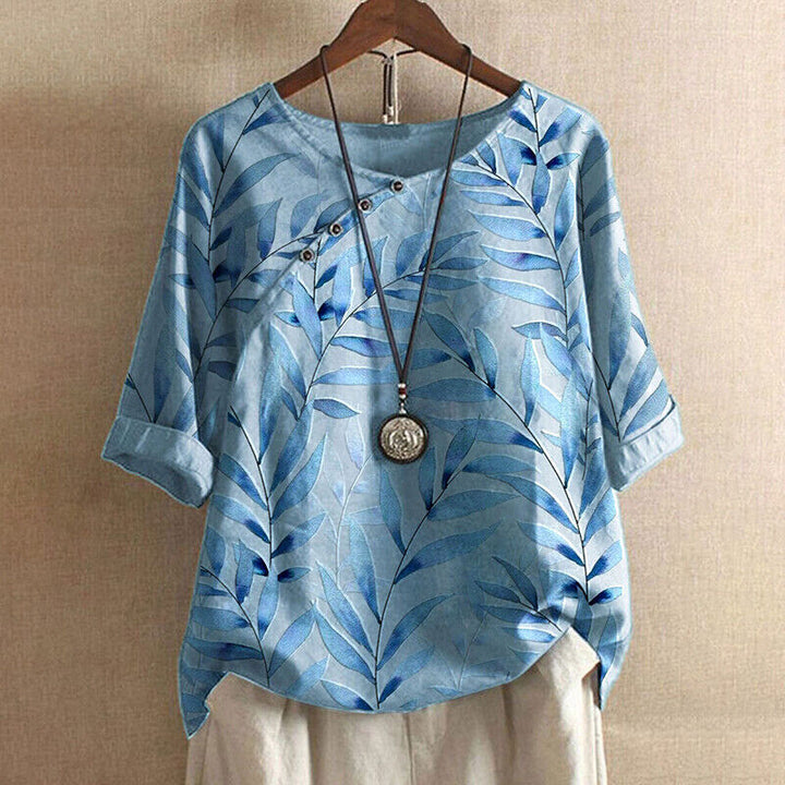 Claudine | Bluse für Damen mit Blattdruck und Knopfdetails