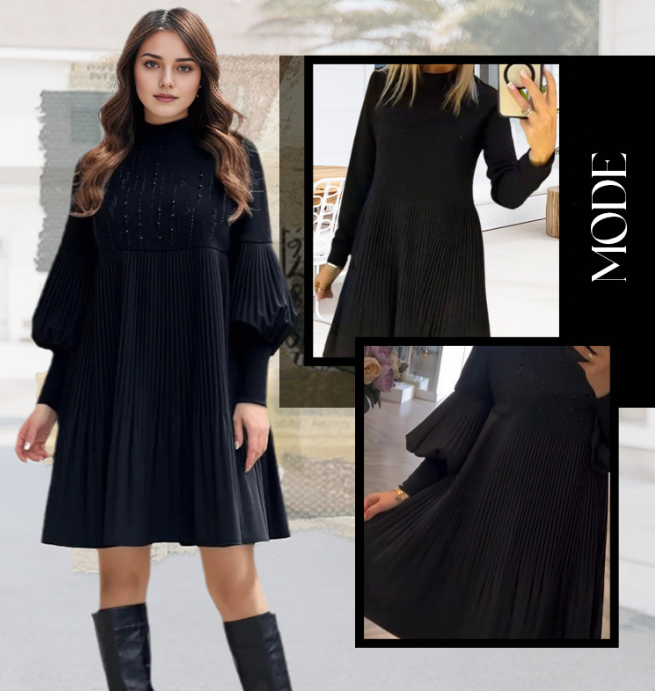 Marlene | Plus-Size Midikleid für Damen mit Stehkragen und Laternenärmeln